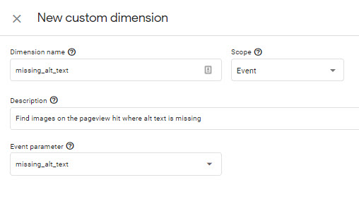 GA4 Interface entering missing_alt_text as a custom dimension