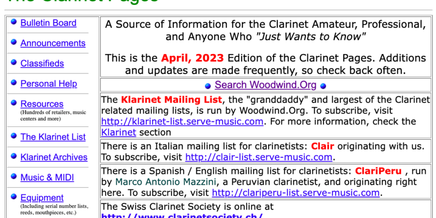 Screenshot of the Clarinet Archives